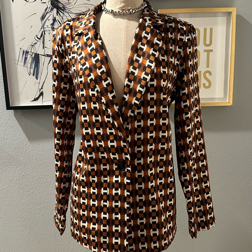 Mango Retro Geometric Blazer in Black, Brown, and White